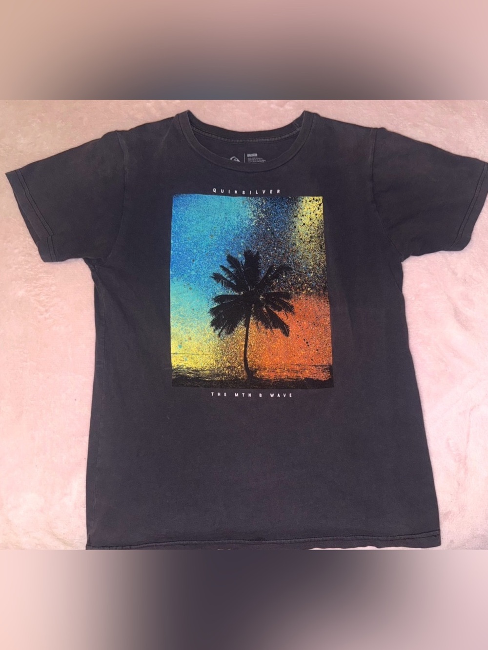 Quiksilver Black Tee with Blue-Yellow-Orange Palm Print